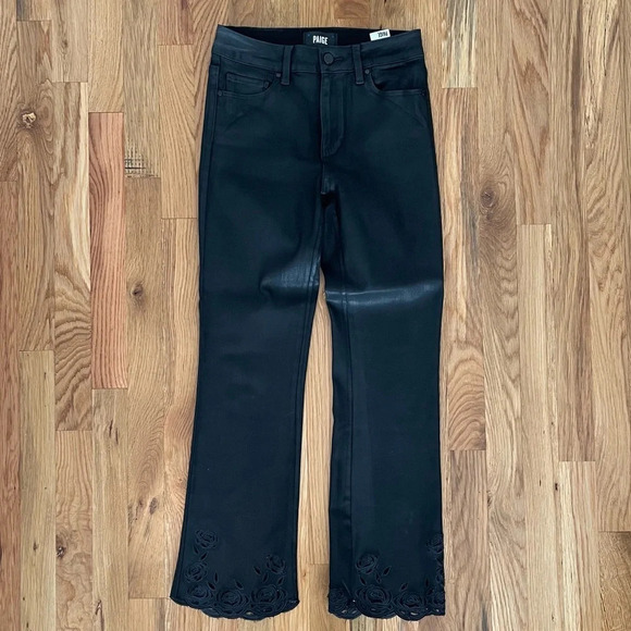 Paige Claudine Coated Black Denim High Rise Flare Jeans Size 25 - Picture 3 of 7
